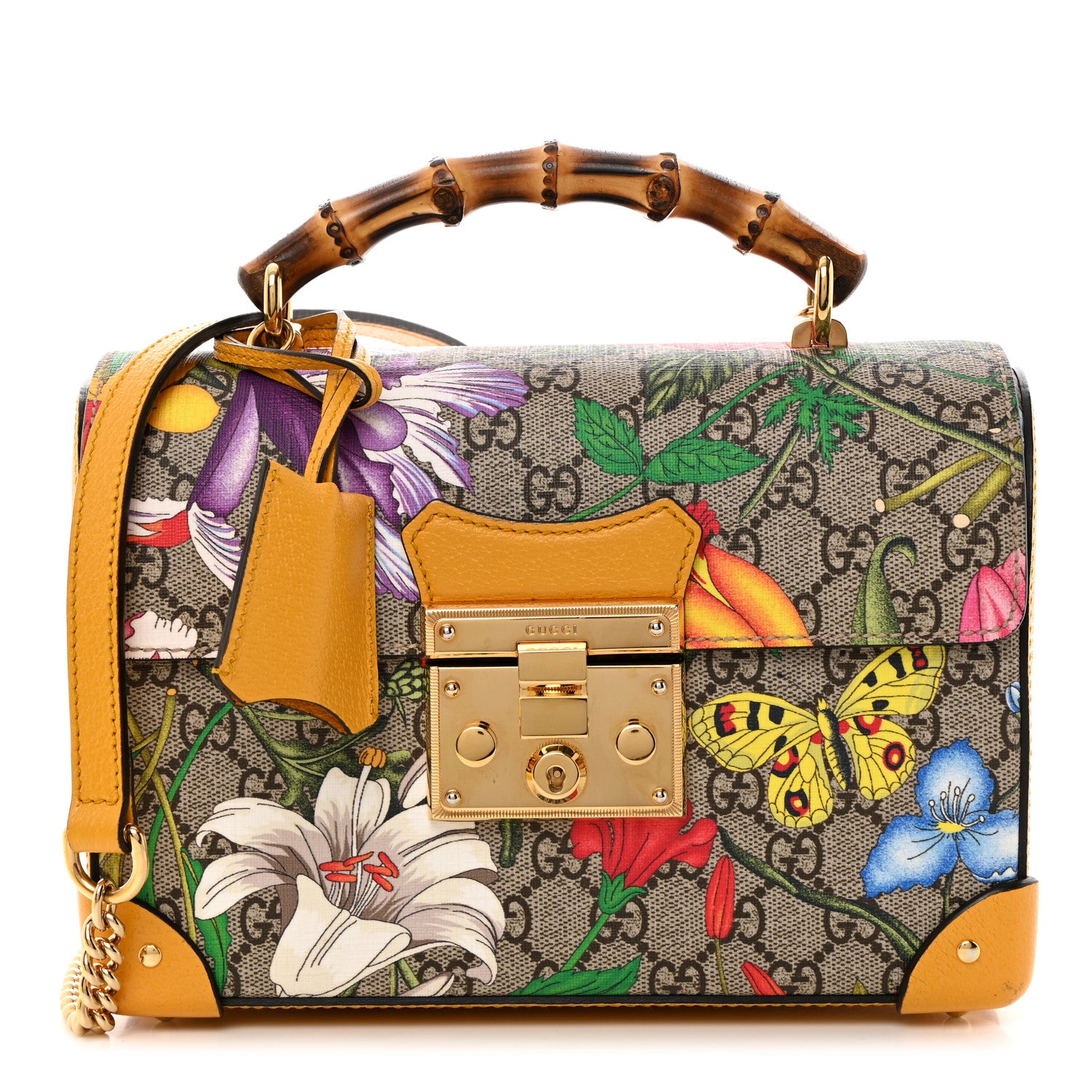 Gucci GG Supreme Monogram Flora Small Padlock Bamboo Shoulder Bag Beige Multicolor Crop 1 of 10