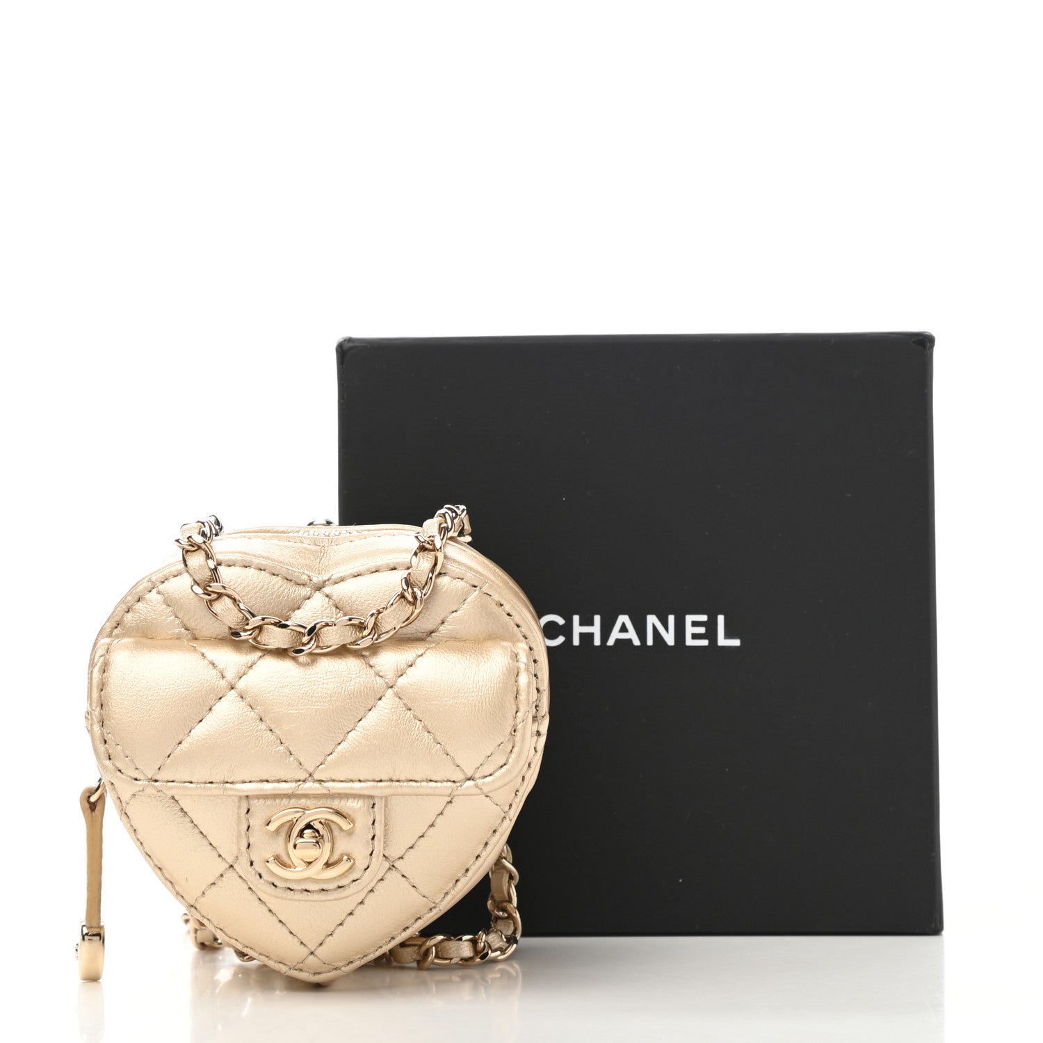 Chanel Metallic Lambskin Quilted CC In Love Heart Coin Purse With Chain Gold 11 of 11