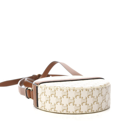 Celine Lambskin Triomphe Canvas Round Purse On Strap White Tan 4 of 9