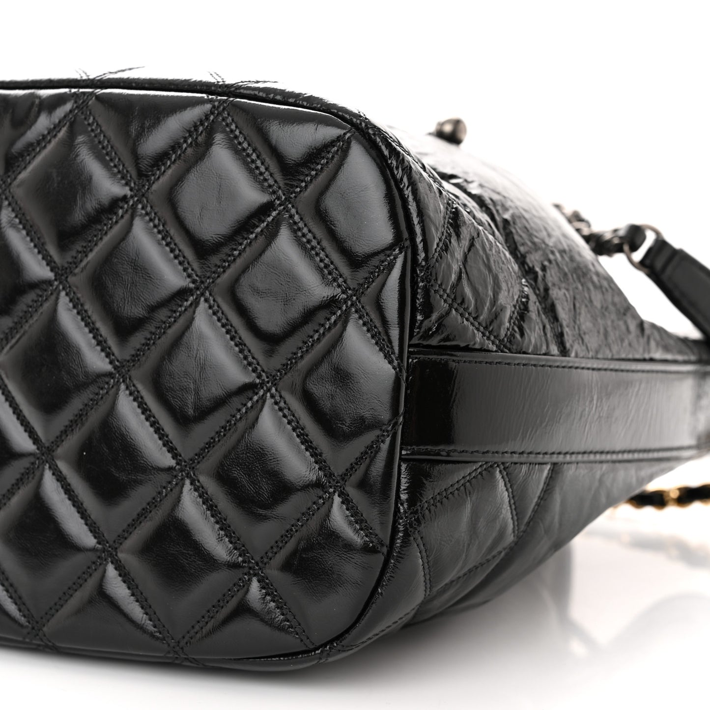 Shiny Aged Calfskin CC Chain Drawstring Bag Black
