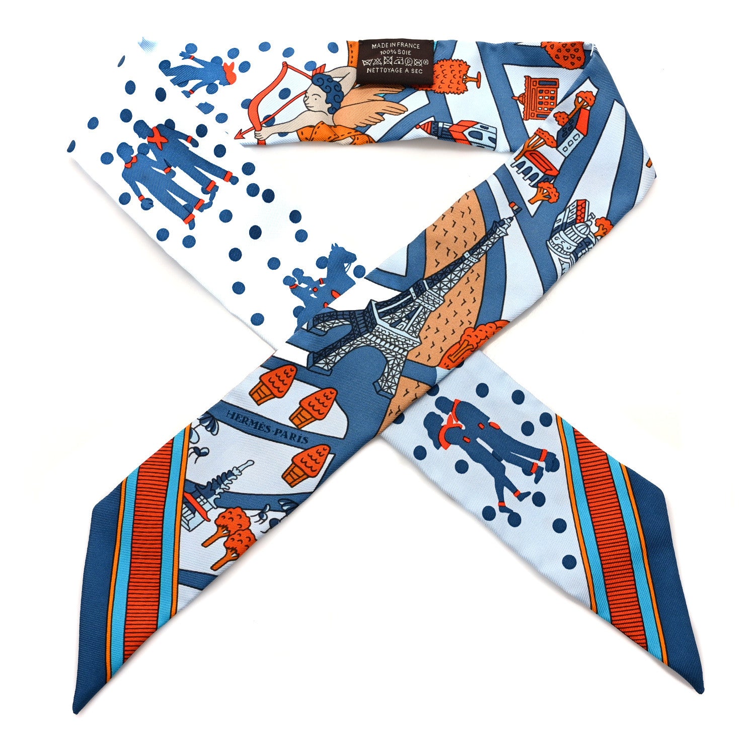 Hermes Silk Les Nouveaux Amoureux de Paris Twilly Ciel Blue Jean Orange 1 of 4