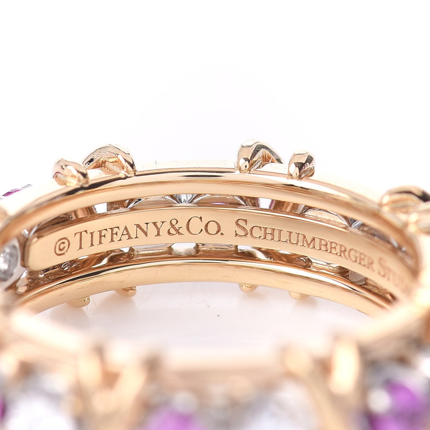 18K Yellow Gold Platinum Diamond Pink Sapphire Schlumberger Sixteen Stone Ring 56 7.5