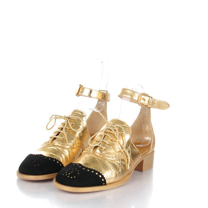 Chanel Metallic Calfskin Suede CC Brogue Lace Up Ankle Strap Oxford Sandals 38 Gold Black 3 of 7