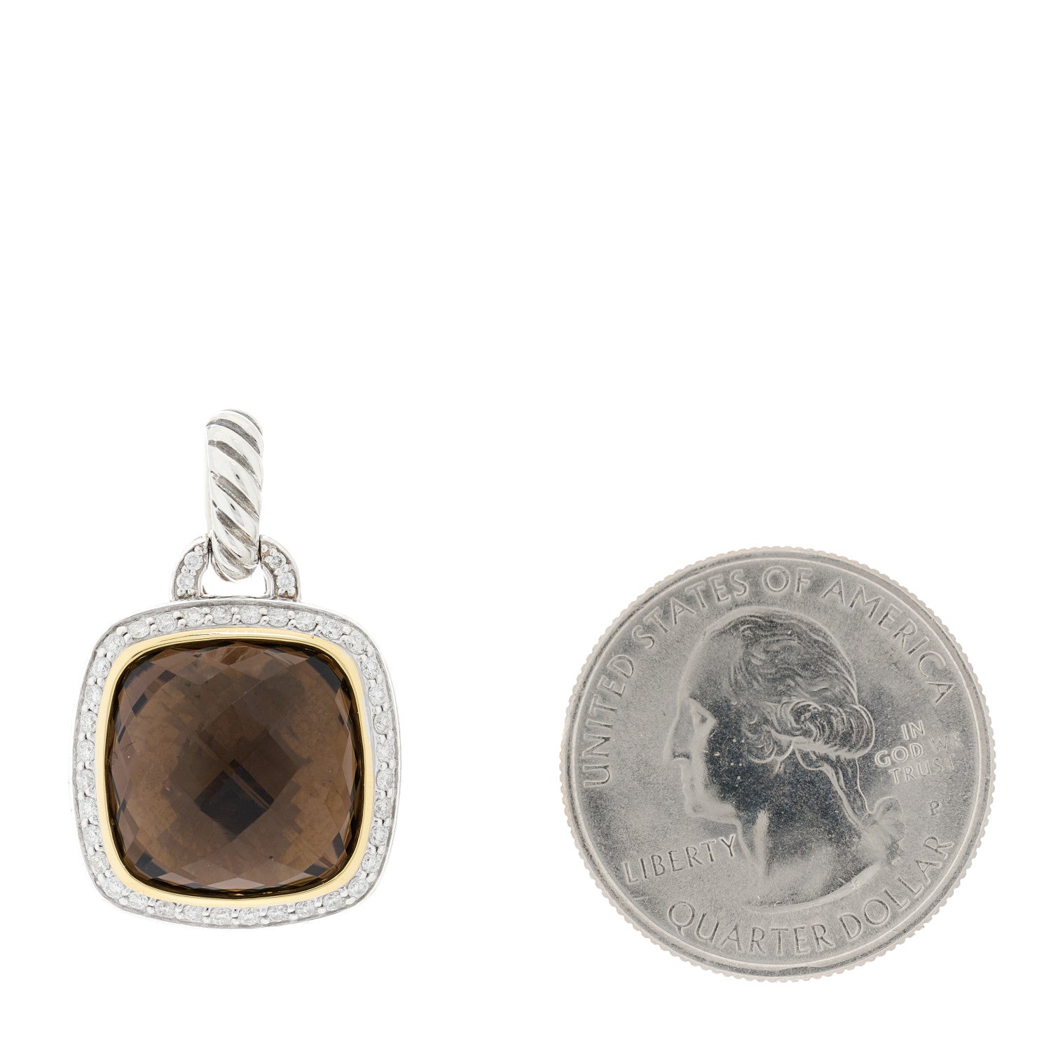 David Yurman Sterling Silver 18K Yellow Gold Diamond Smoky Quartz 14mm Albion Enhancer Pendant 2 of 4