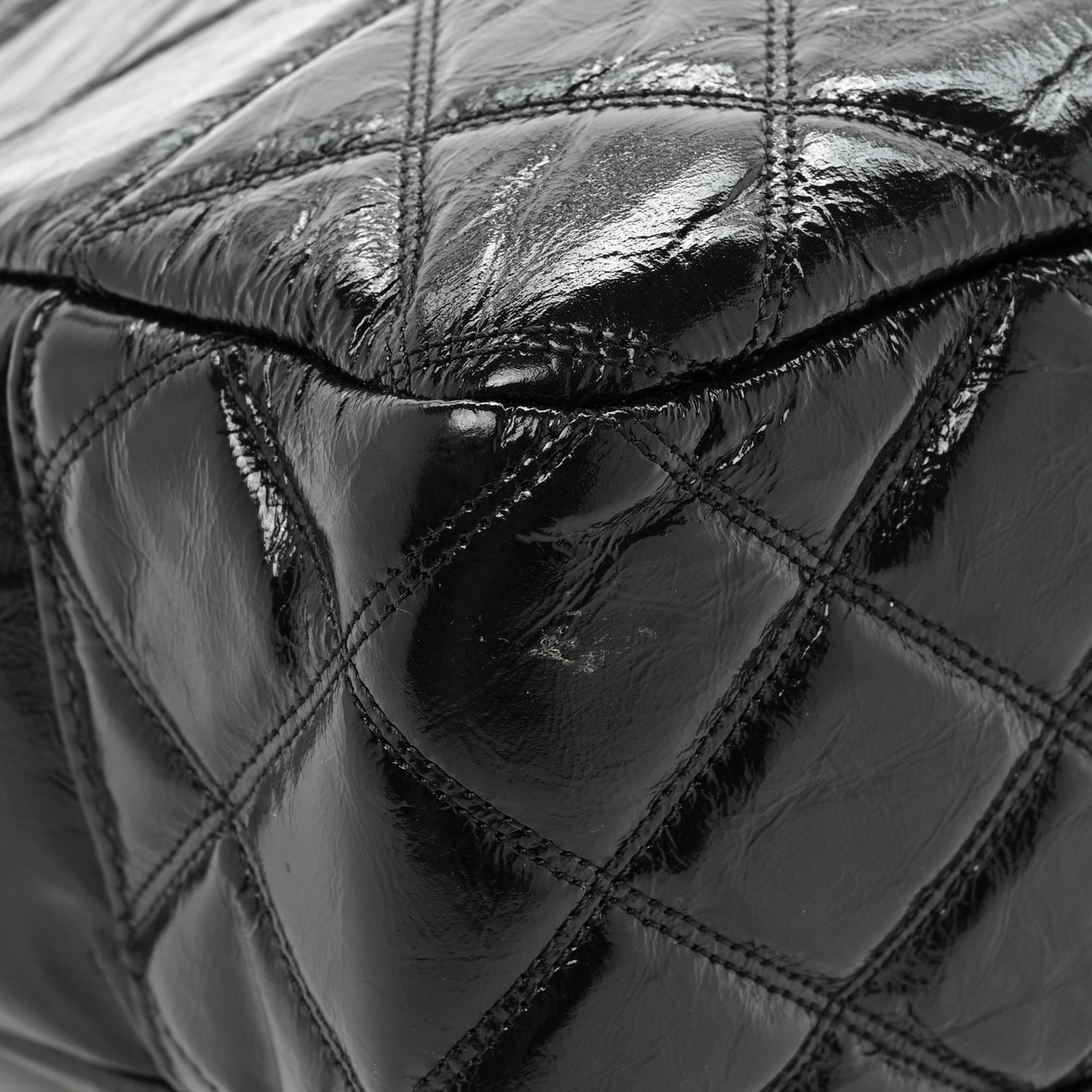 Shiny Aged Calfskin Quilted Large Shopping Bag Black