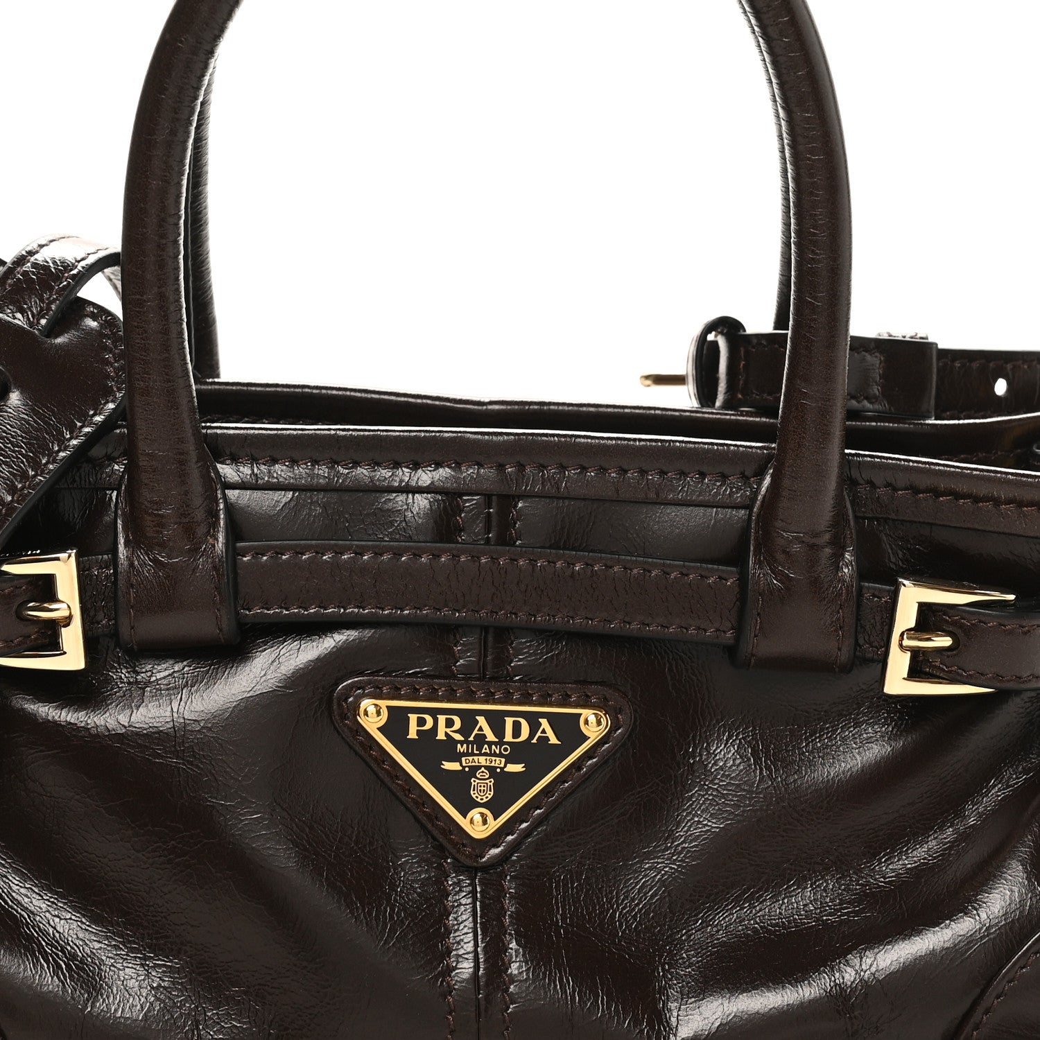 Prada Glossy Calfskin Triangle Mini Bonnie Shoulder Bag Moro 7 of 9