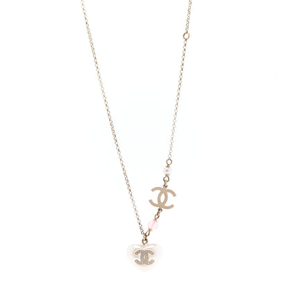 Chanel Resin Crystal CC Heart Necklace Pearly White Gold 1 of 7