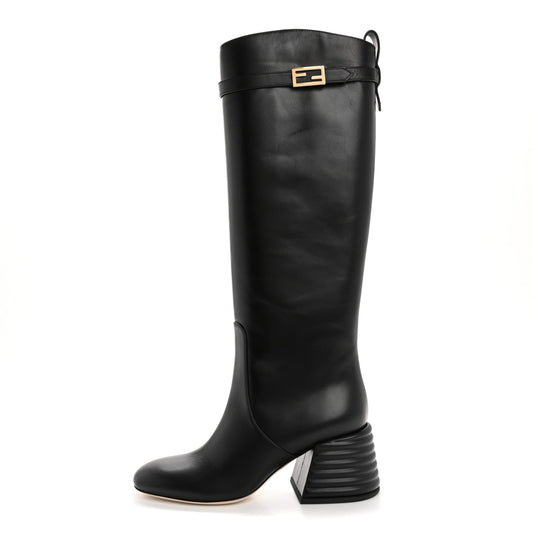 Calfskin Knee High Promenade Block Heel Boots 36 Black