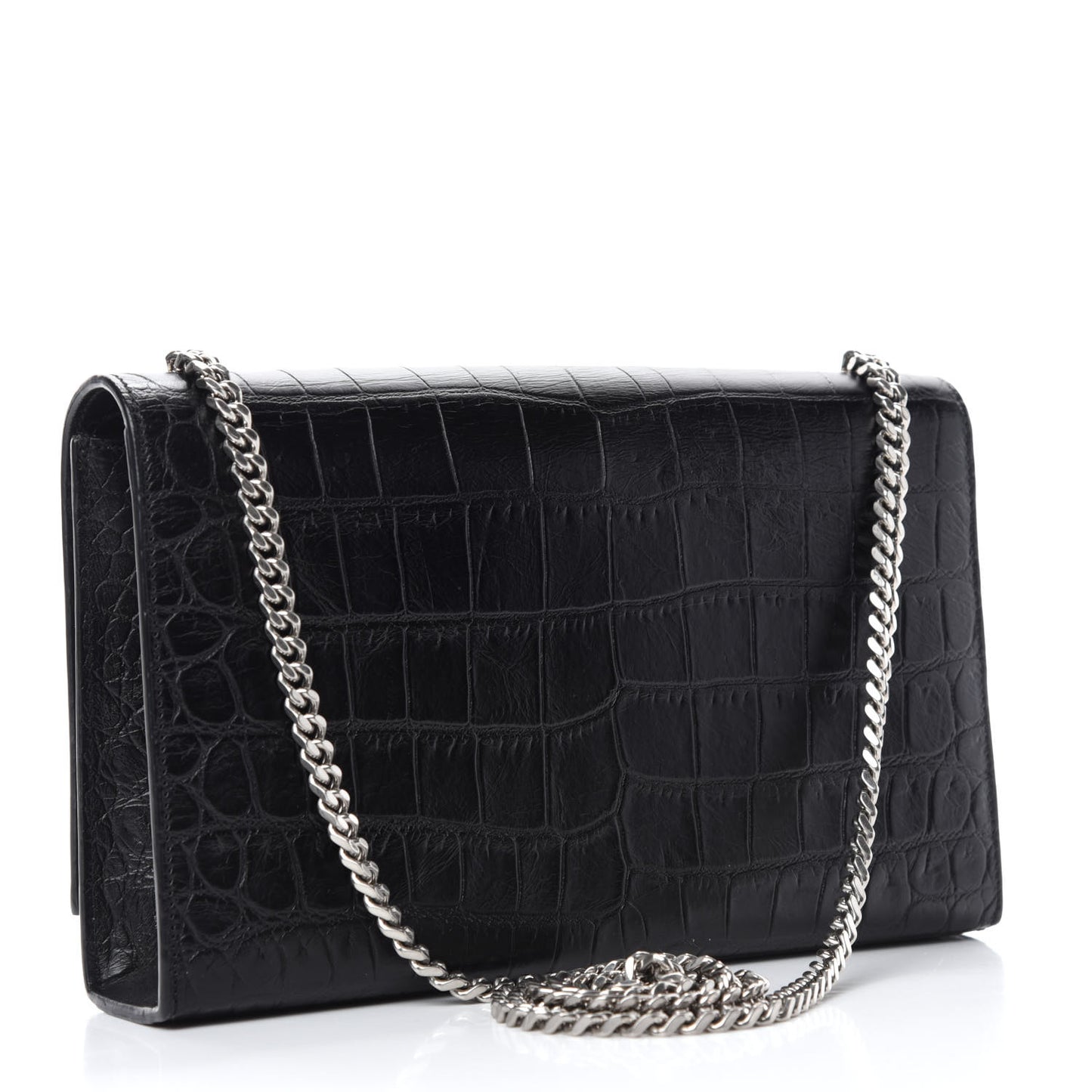 Calfskin Crocodile Embossed Medium Classic Monogram Kate Tassel Satchel Black