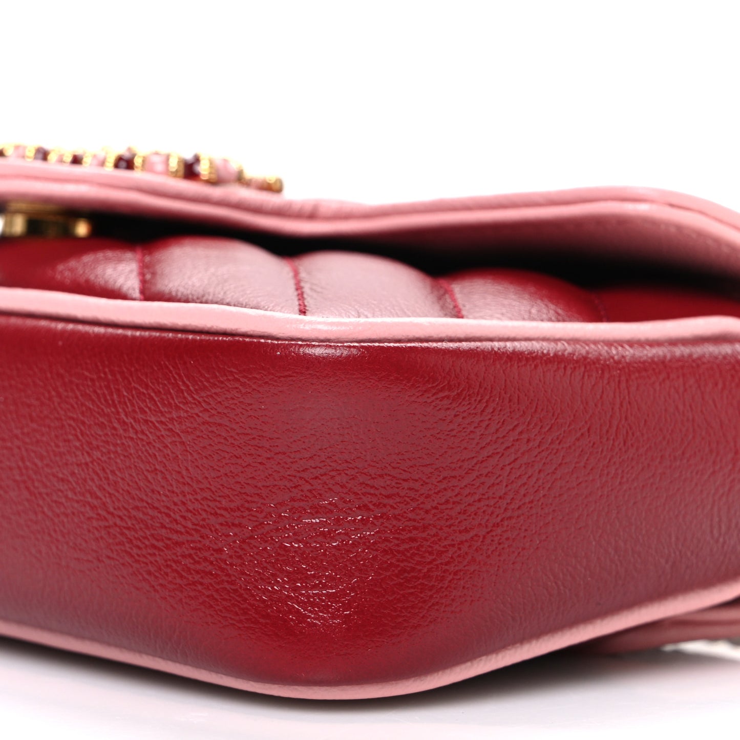 Azalea Calfskin Enamel Matelasse Diagonal Super Mini Torchon GG Marmont Shoulder Bag New Cherry Red Wild Rose