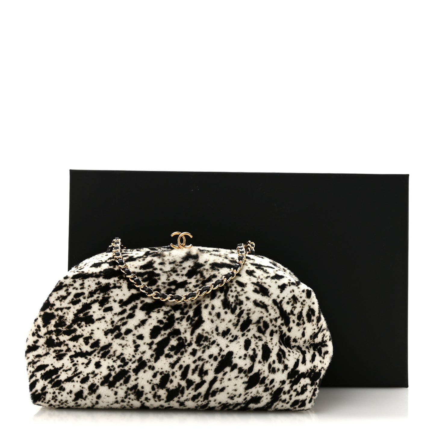 Lambskin Pony Hair Printed Clutch With Chain Black White