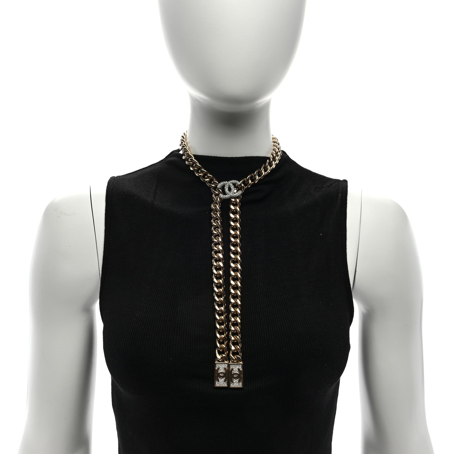 Chanel Chain Link Crystal CC Dog Tag Charm Necklace Gold 2 of 4