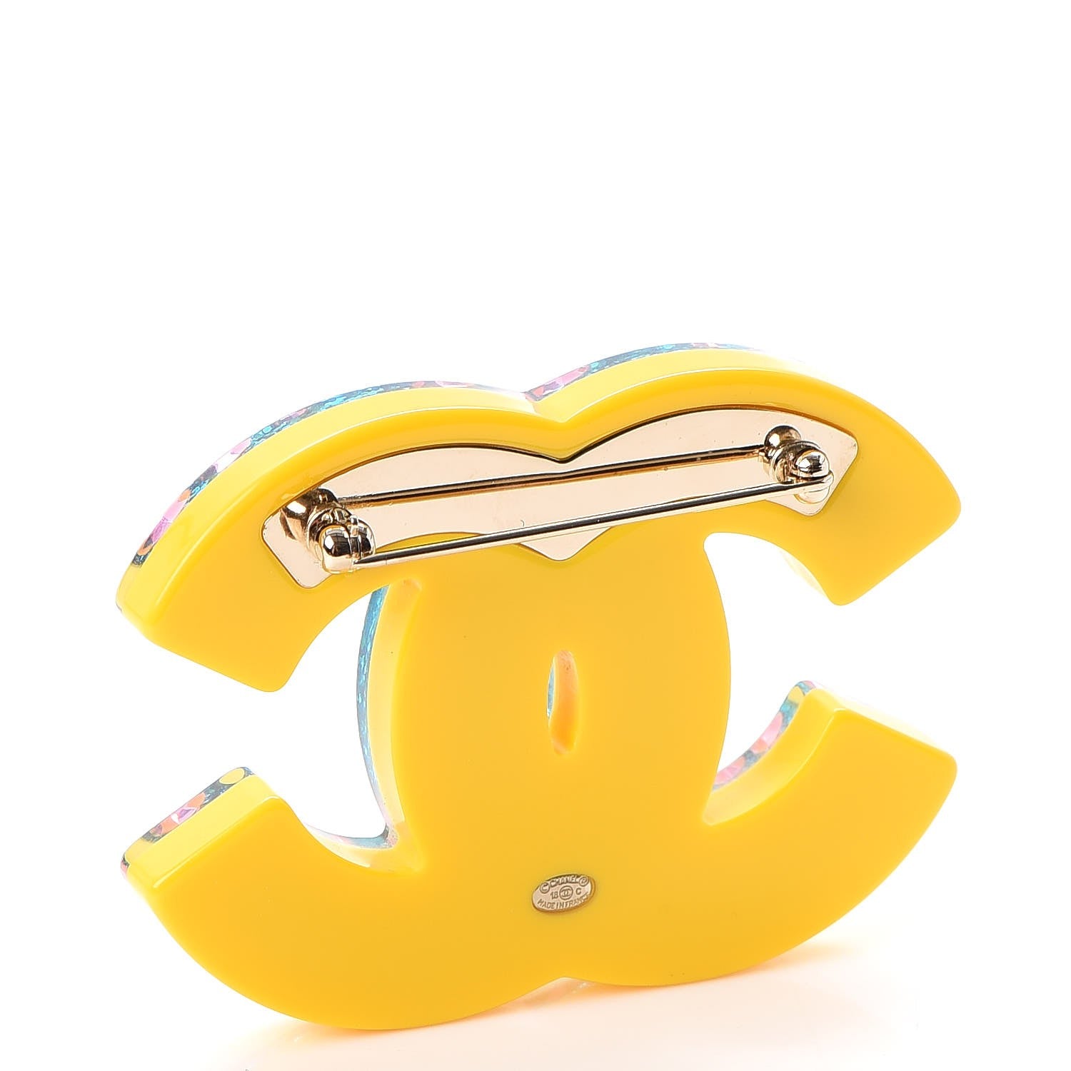 Chanel Resin Glitter Crystal CC Brooch Yellow Blue 3 of 5