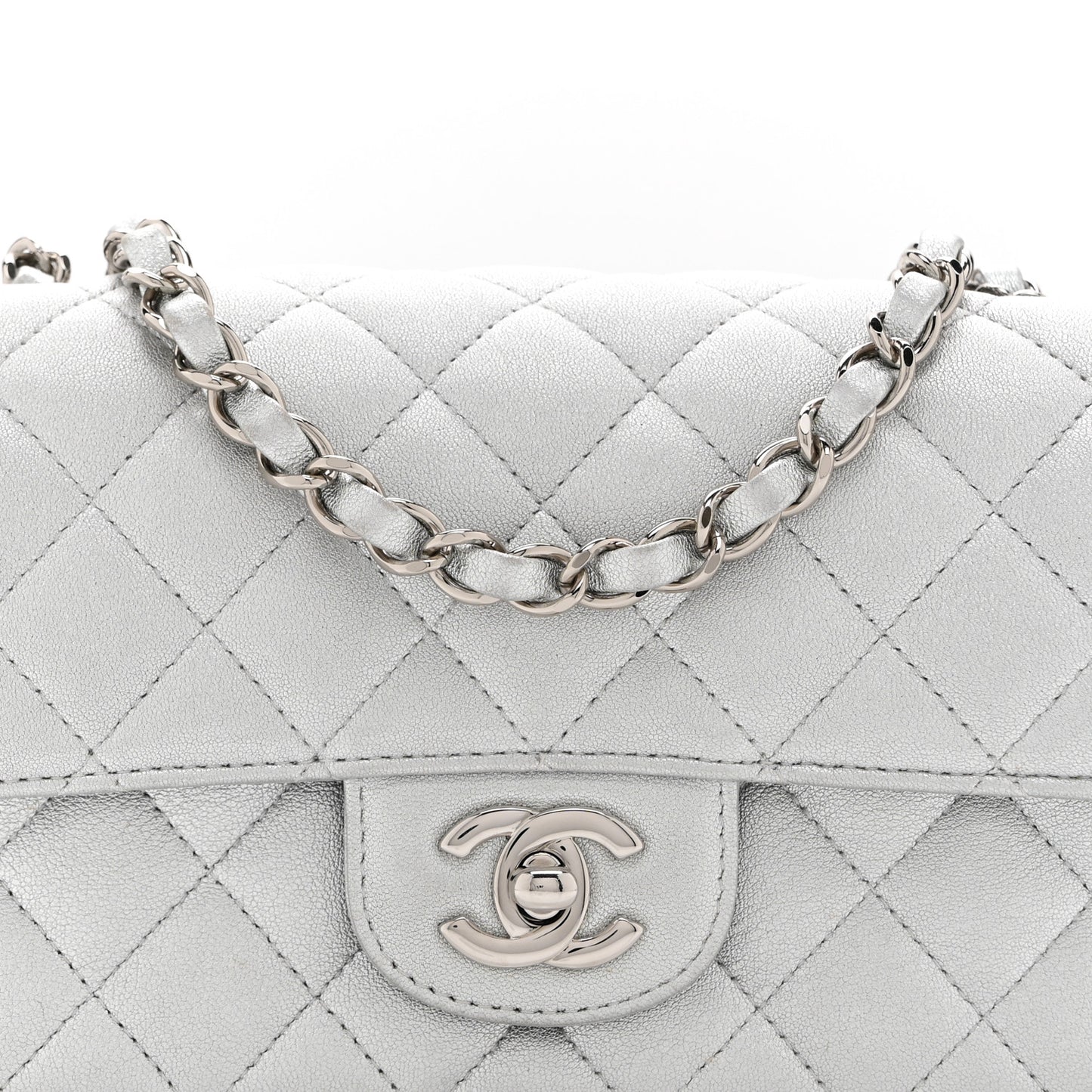 Metallic Lambskin Quilted Mini Rectangular Flap Silver