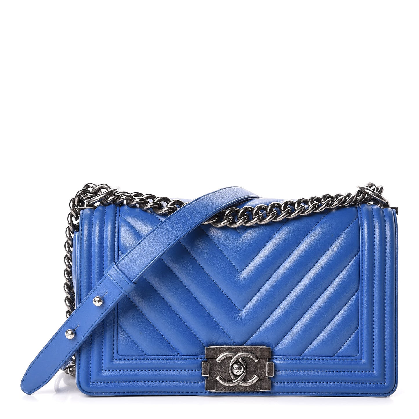 Calfskin Chevron Quilted Medium Boy Flap Blue