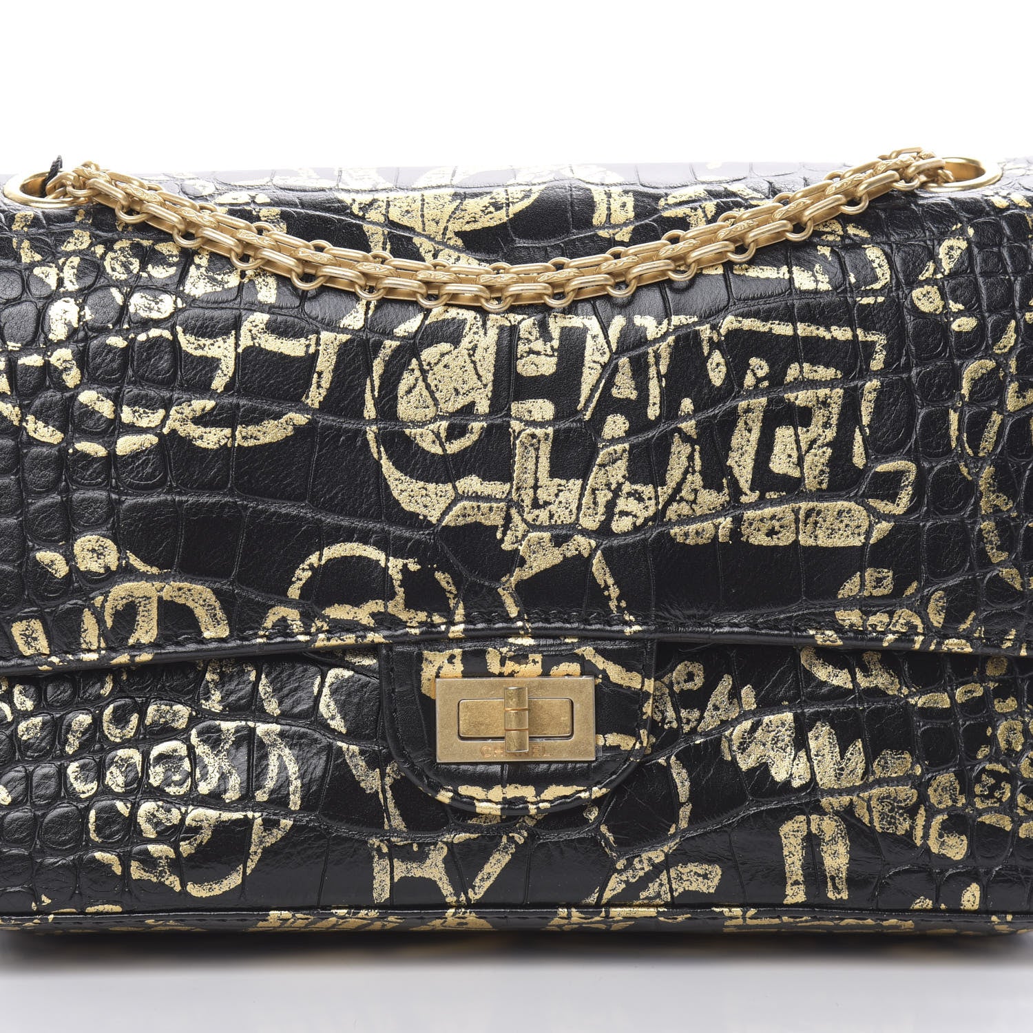 Chanel Calfskin Crocodile Embossed Graffiti 2.55 Cocodile Reissue 225 Flap Black Gold 8 of 11