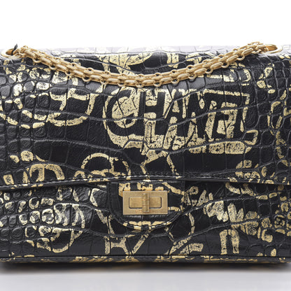 Chanel Calfskin Crocodile Embossed Graffiti 2.55 Cocodile Reissue 225 Flap Black Gold 8 of 11