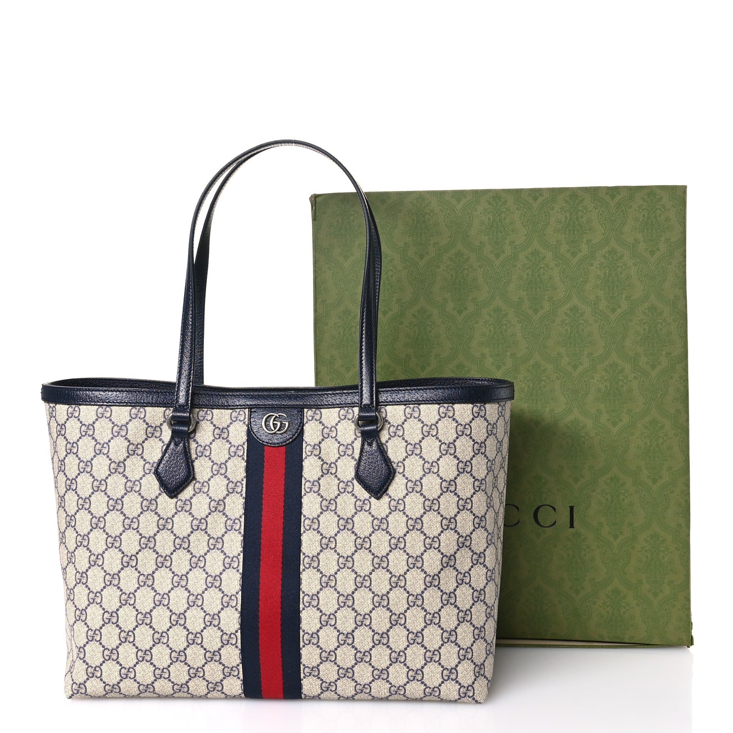 GG Supreme Monogram Textured Calfskin Web Medium Ophidia Shopping Tote Beige Blue