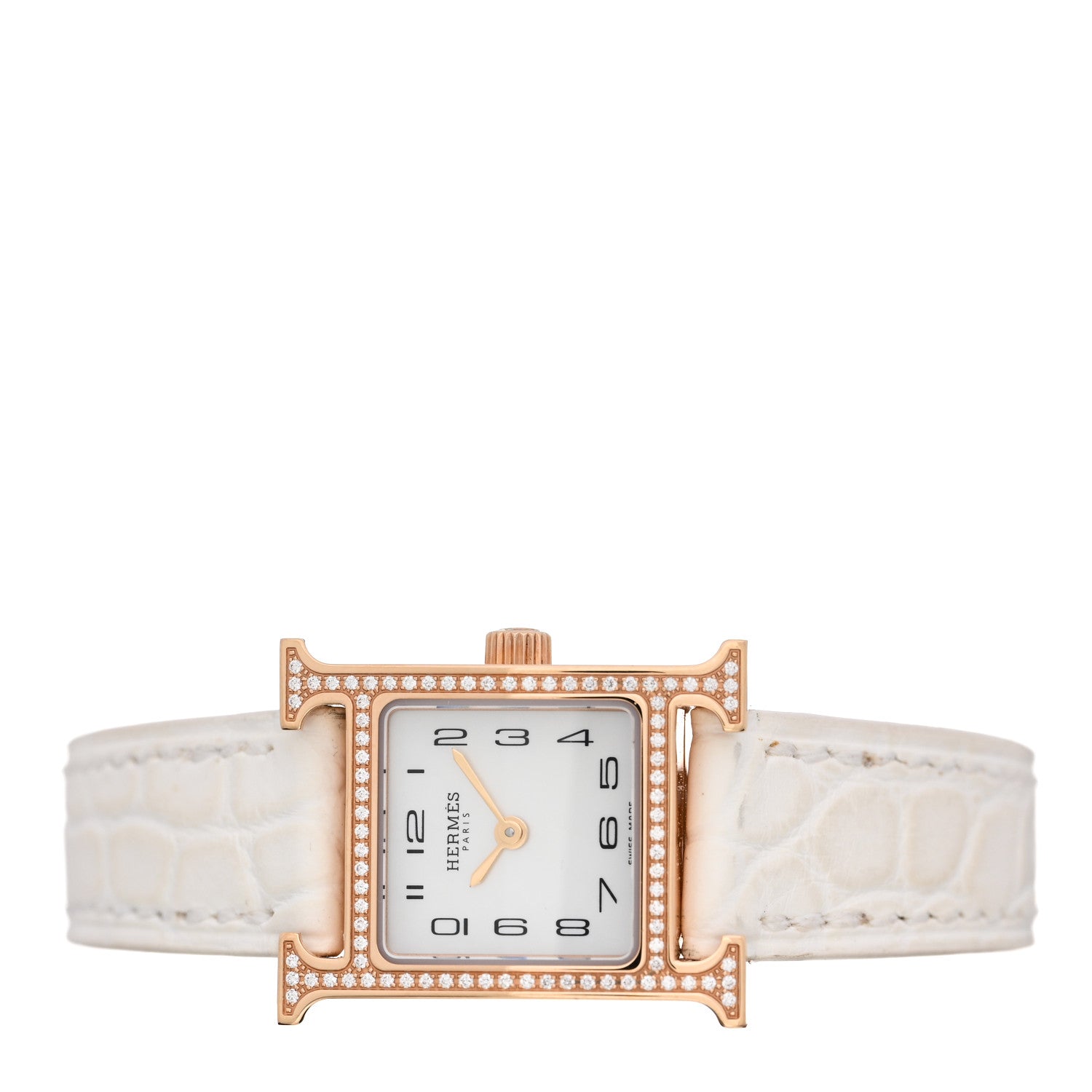 Hermes 18K Rose Gold Alligator Diamond Bezel Mother of Pearl 17.2mm Heure H Hour Quartz Watch Blanc 2 of 5