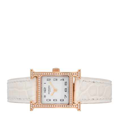 Hermes 18K Rose Gold Alligator Diamond Bezel Mother of Pearl 17.2mm Heure H Hour Quartz Watch Blanc 2 of 5