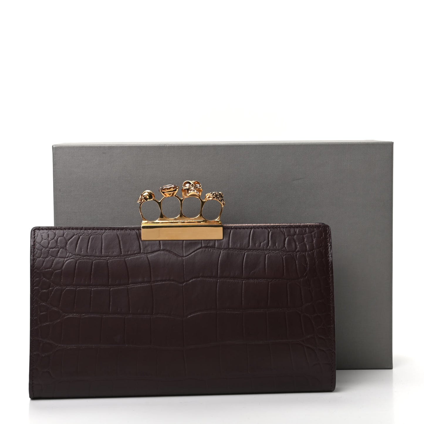 Calfskin Crocodile Embossed Knuckle Flat Clutch Burgundy