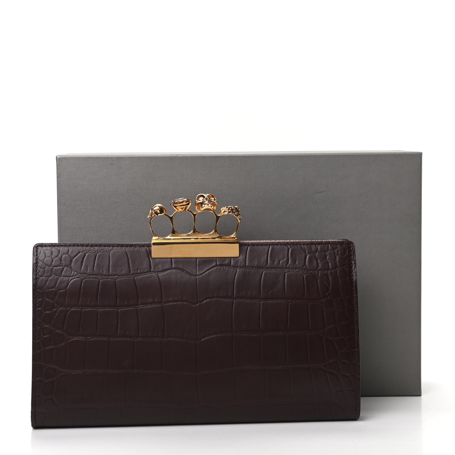 Alexander McQueen Calfskin Crocodile Embossed Knuckle Flat Clutch Burgundy 8 of 8