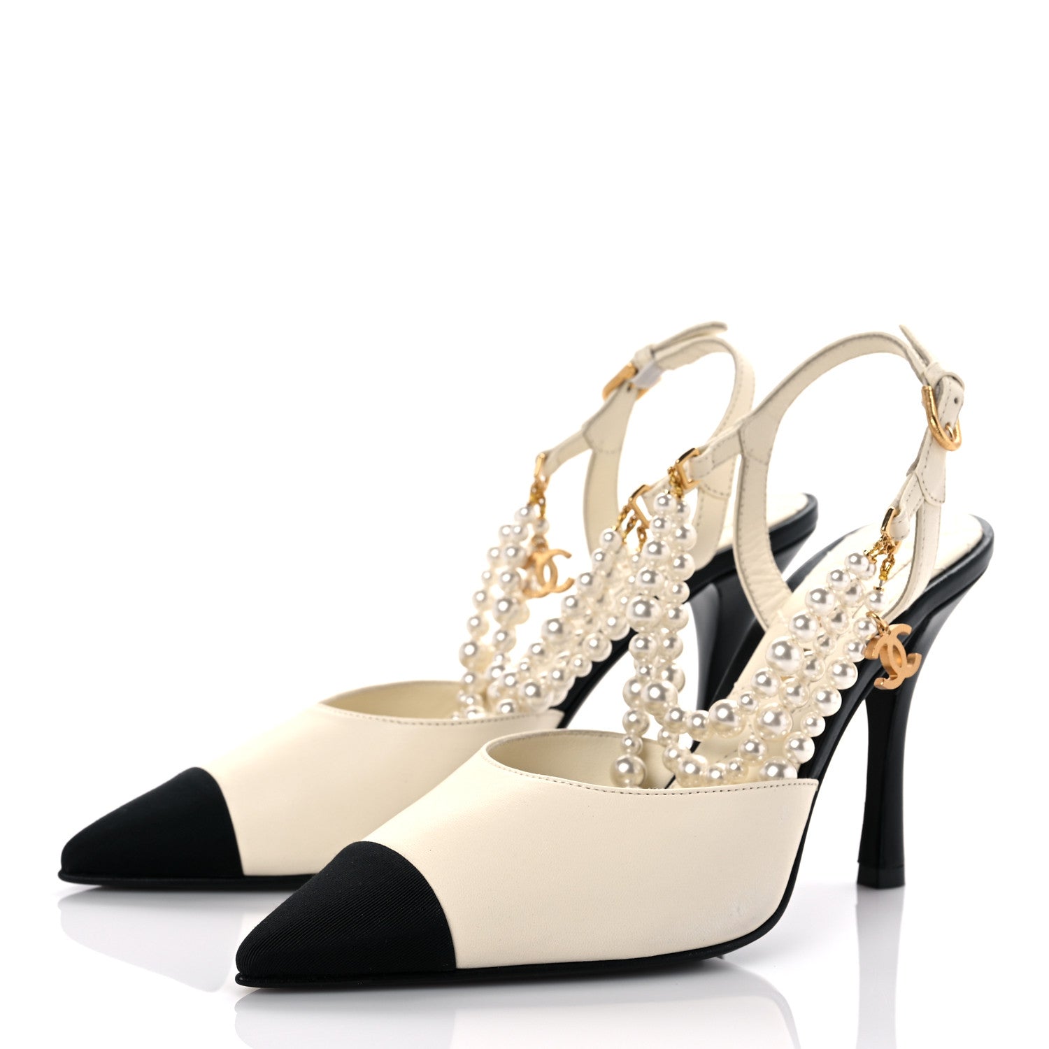 Chanel Lambskin Grosgrain Cap Toe Pearl Slingbacks Pumps 37.5 Ivory Black 3 of 10