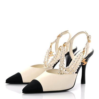 Chanel Lambskin Grosgrain Cap Toe Pearl Slingbacks Pumps 37.5 Ivory Black 3 of 10