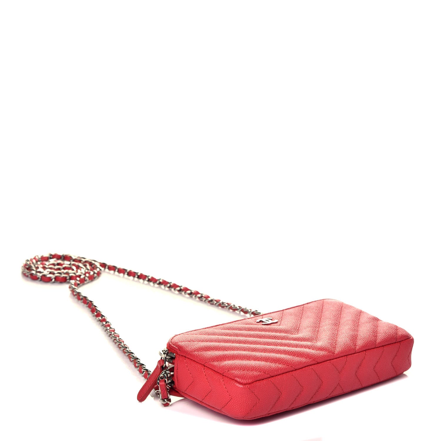 Chanel Caviar Chevron Quilted Small Clutch With Chain Light Red 3 of 8