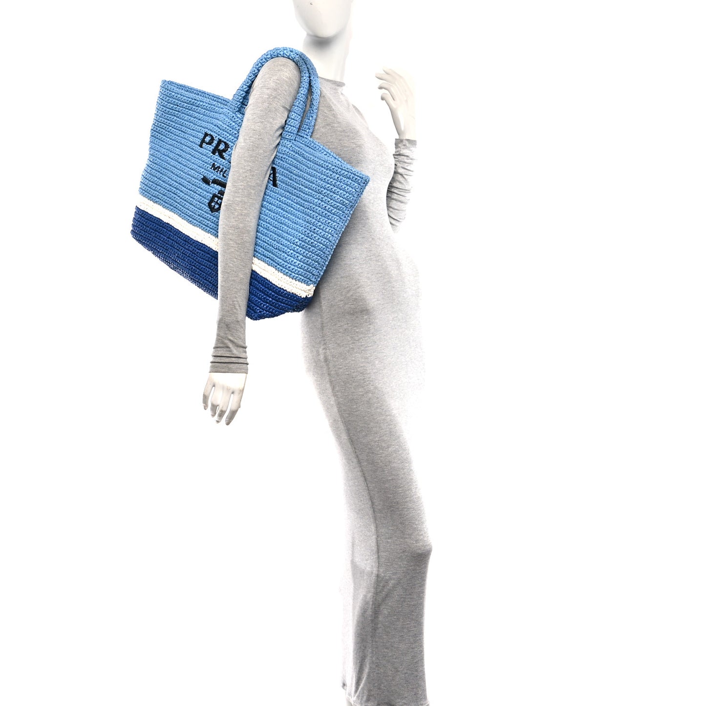 Yarn Raffia Effect Crochet Striped Large Logo Tote Celeste Blue