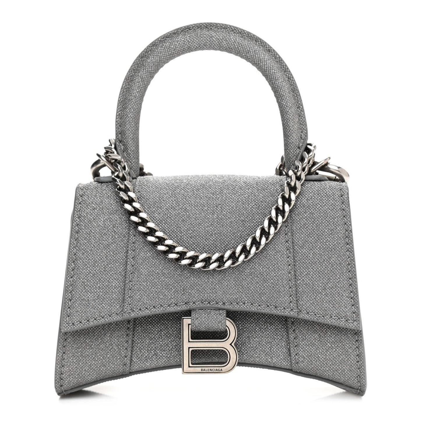 Glitter Fabric Hourglass Top Handle Bag Mini with Chain Grey