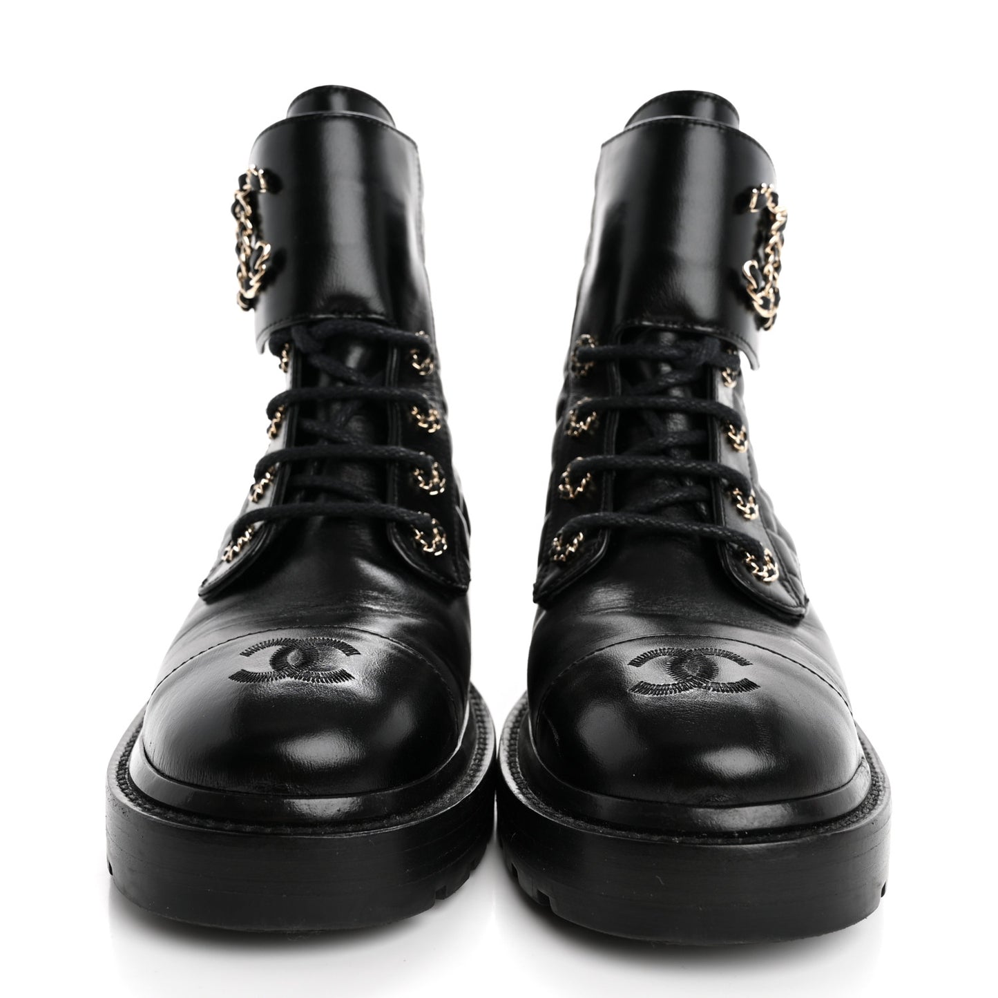 Shiny Calfskin Quilted Lace Up Combat Boots 37.5 Black
