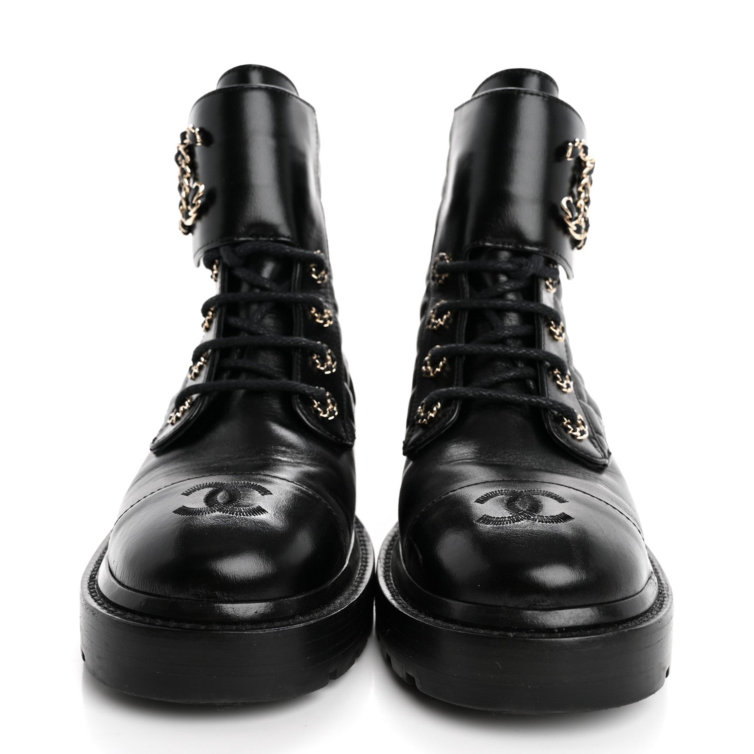 Chanel Shiny Calfskin Quilted Lace Up Combat Boots 37.5 Black 3 of 12