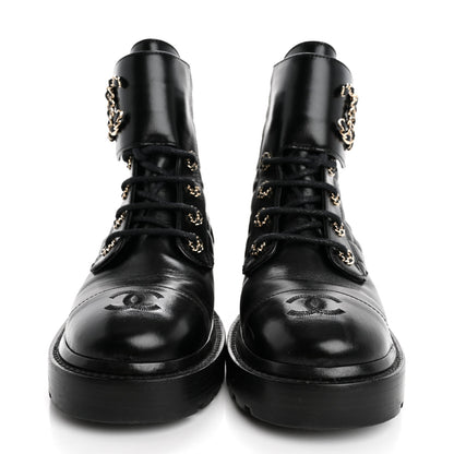 Chanel Shiny Calfskin Quilted Lace Up Combat Boots 37.5 Black 3 of 12