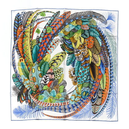 Hermes Silk Plumes En Fete Scarf 90 Blanc Turquoise Multicolor 1 of 4
