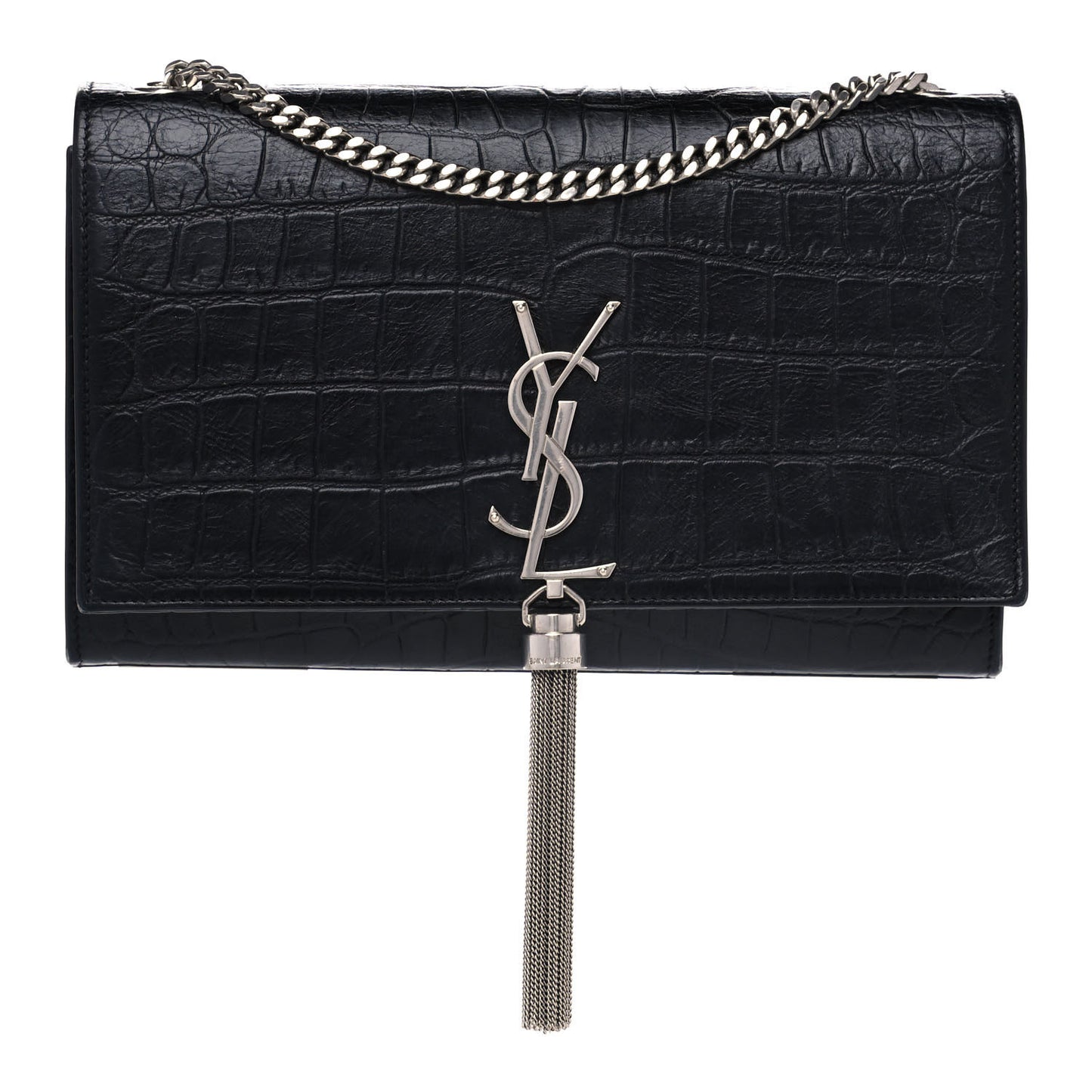 Calfskin Crocodile Embossed Medium Classic Monogram Kate Tassel Satchel Black