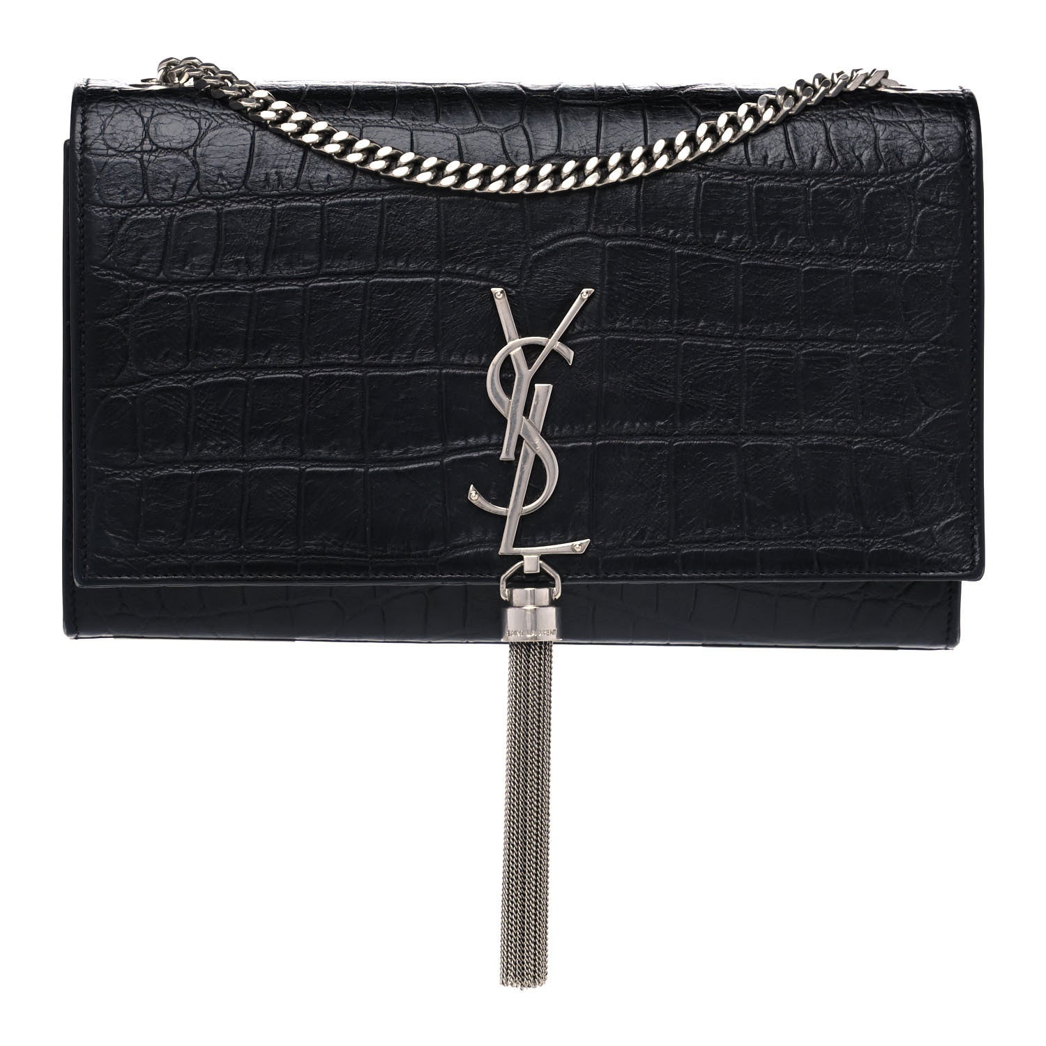 Saint Laurent Calfskin Crocodile Embossed Medium Classic Monogram Kate Tassel Satchel Black 1 of 12