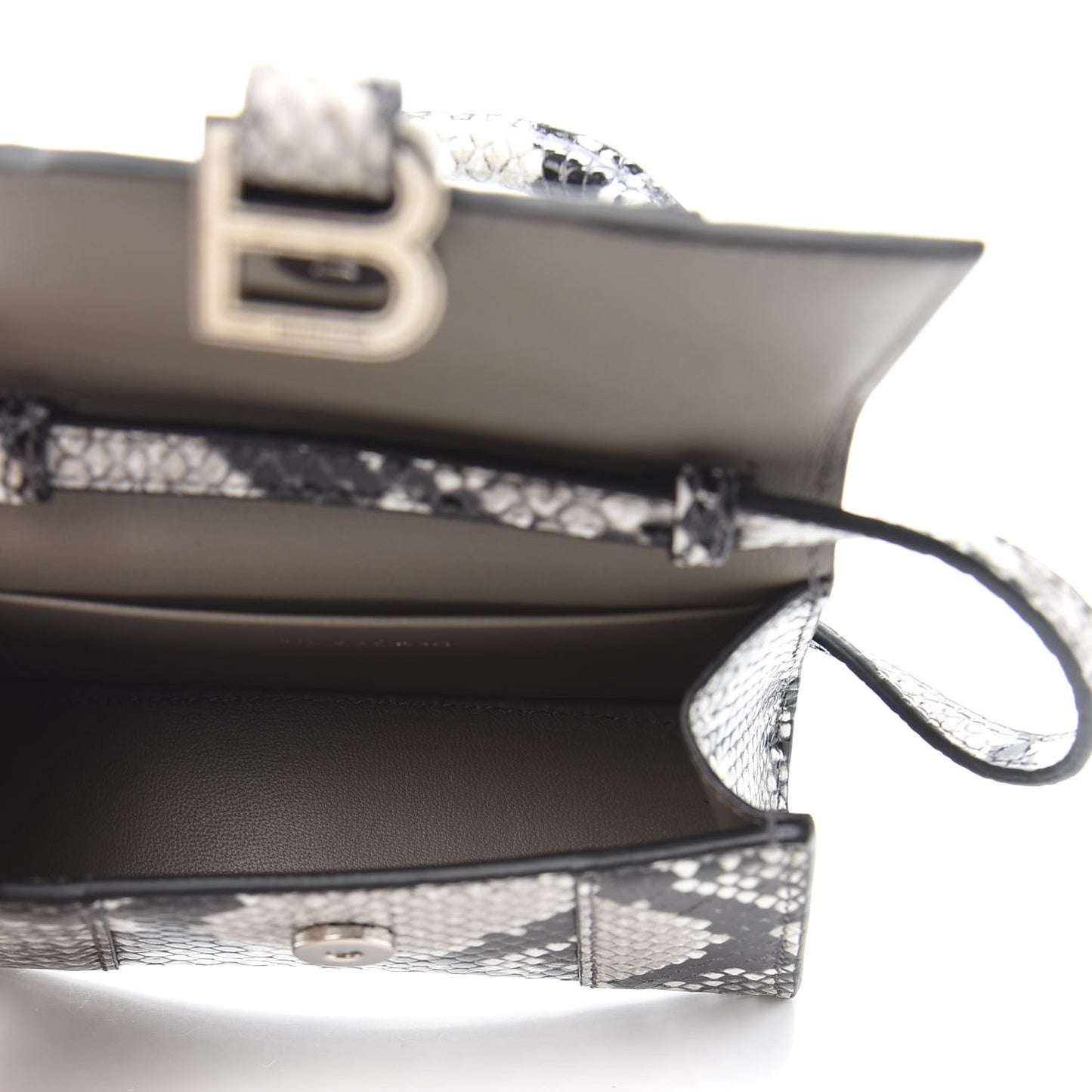 Shiny Calfskin Python Effect Hourglass Top Handle Bag Mini Black White