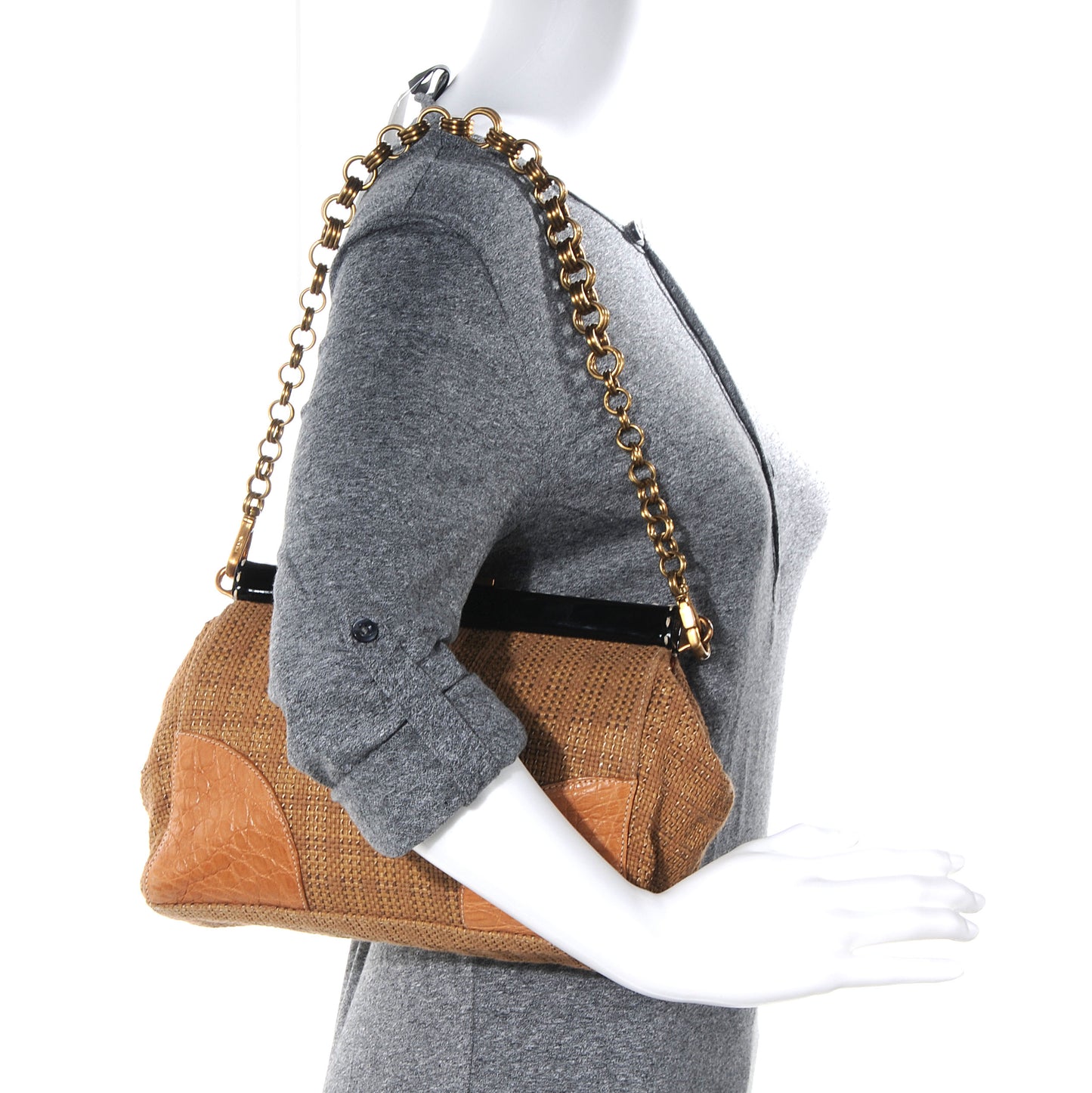 Straw Crocodile Woven Semitracolla Frame Bag Tabacco Naturale