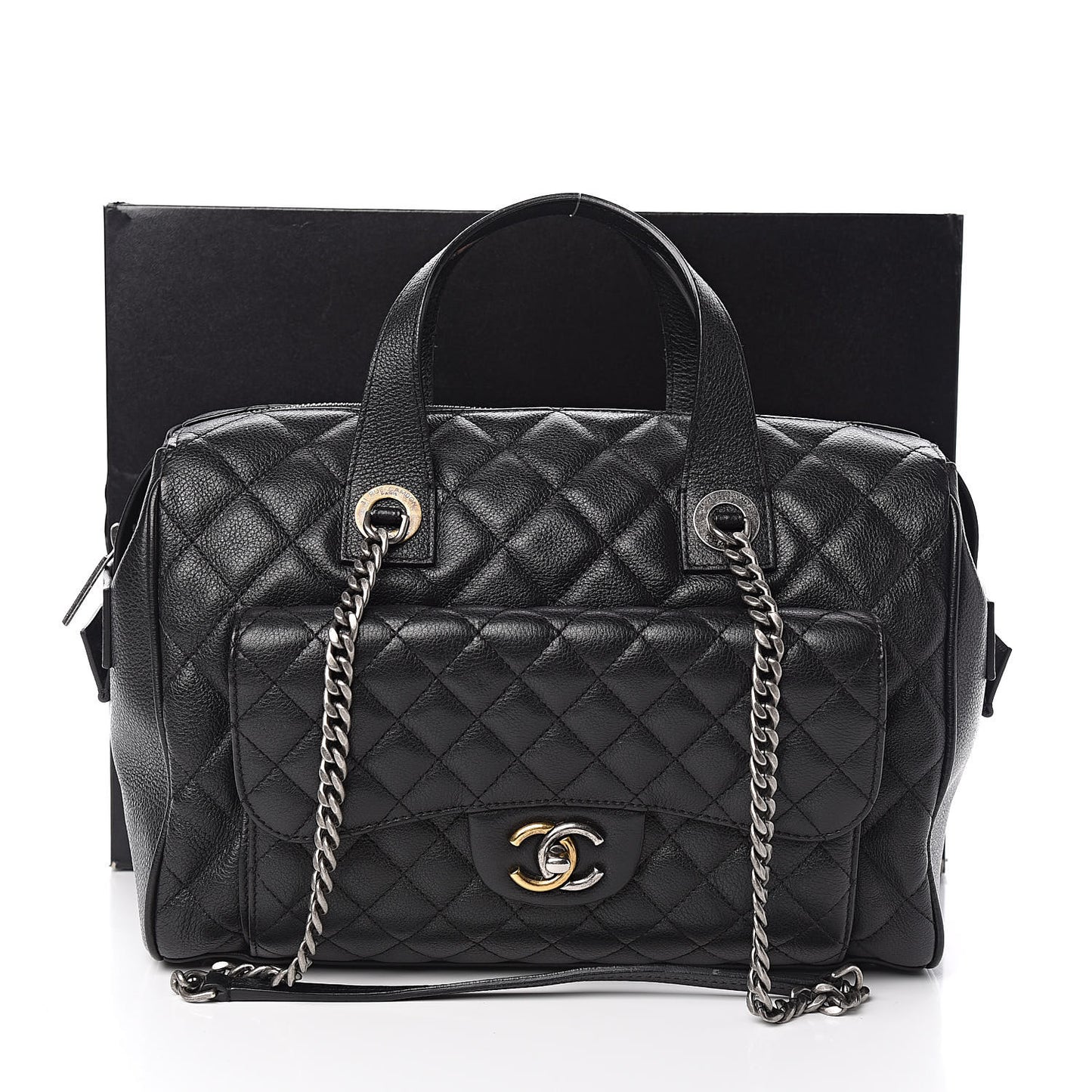 Grained Calfskin Quilted Large Casual Pocket Bowling Bag Black