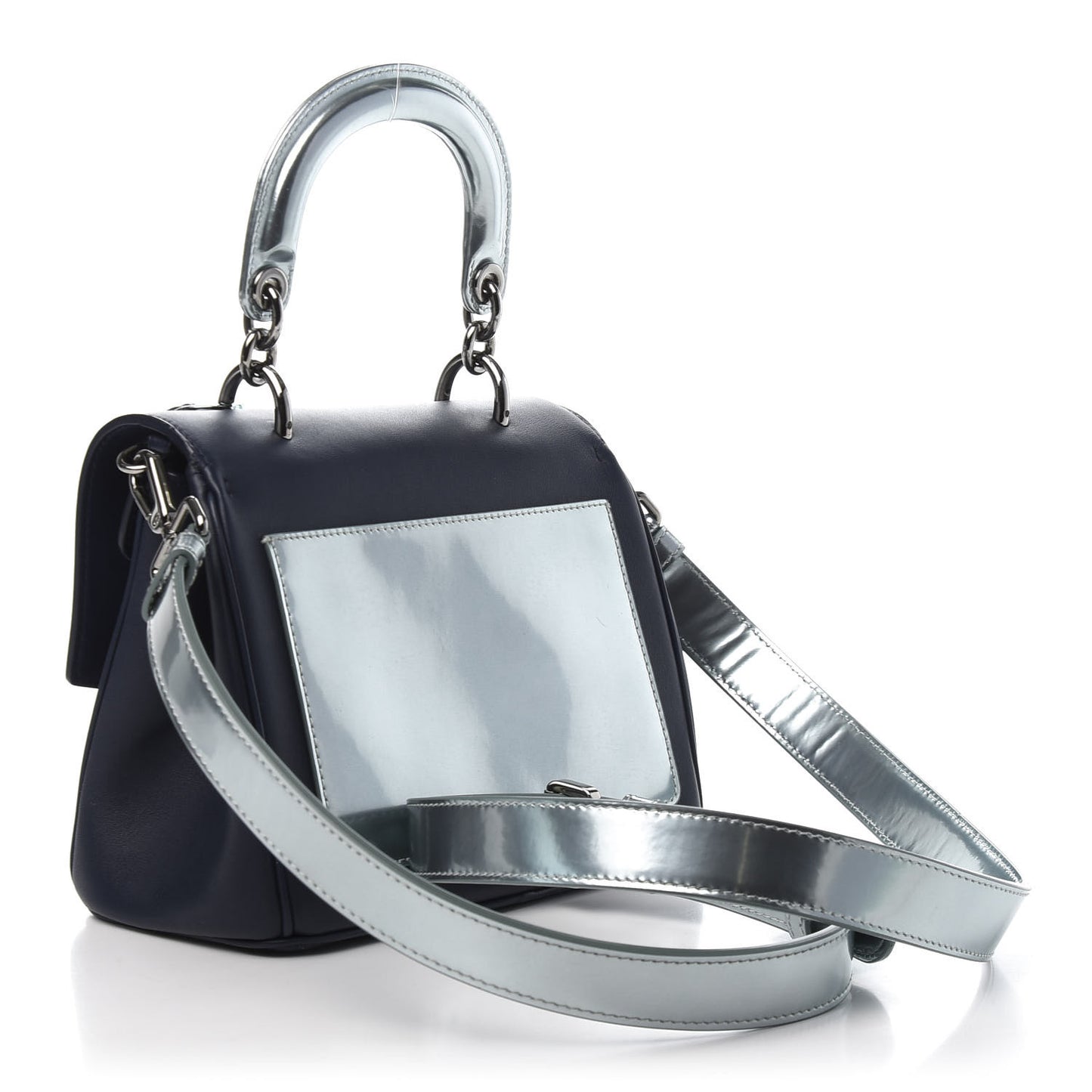 Metallic Patent Smooth Calfskin Mini Be Dior Flap Navy Light Blue