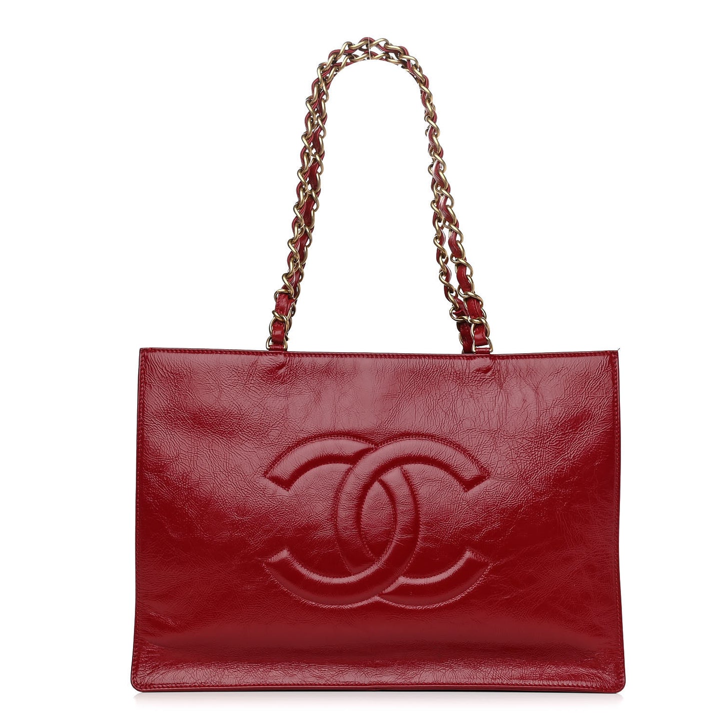 Shiny Aged Calfskin Shopping Bag Red