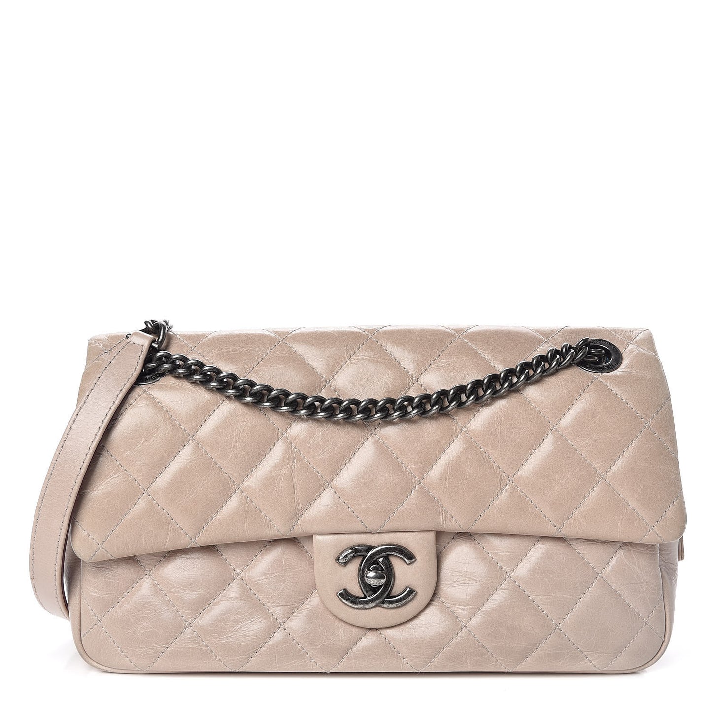 Glazed Calfskin Quilted Medium Duo Flap Beige