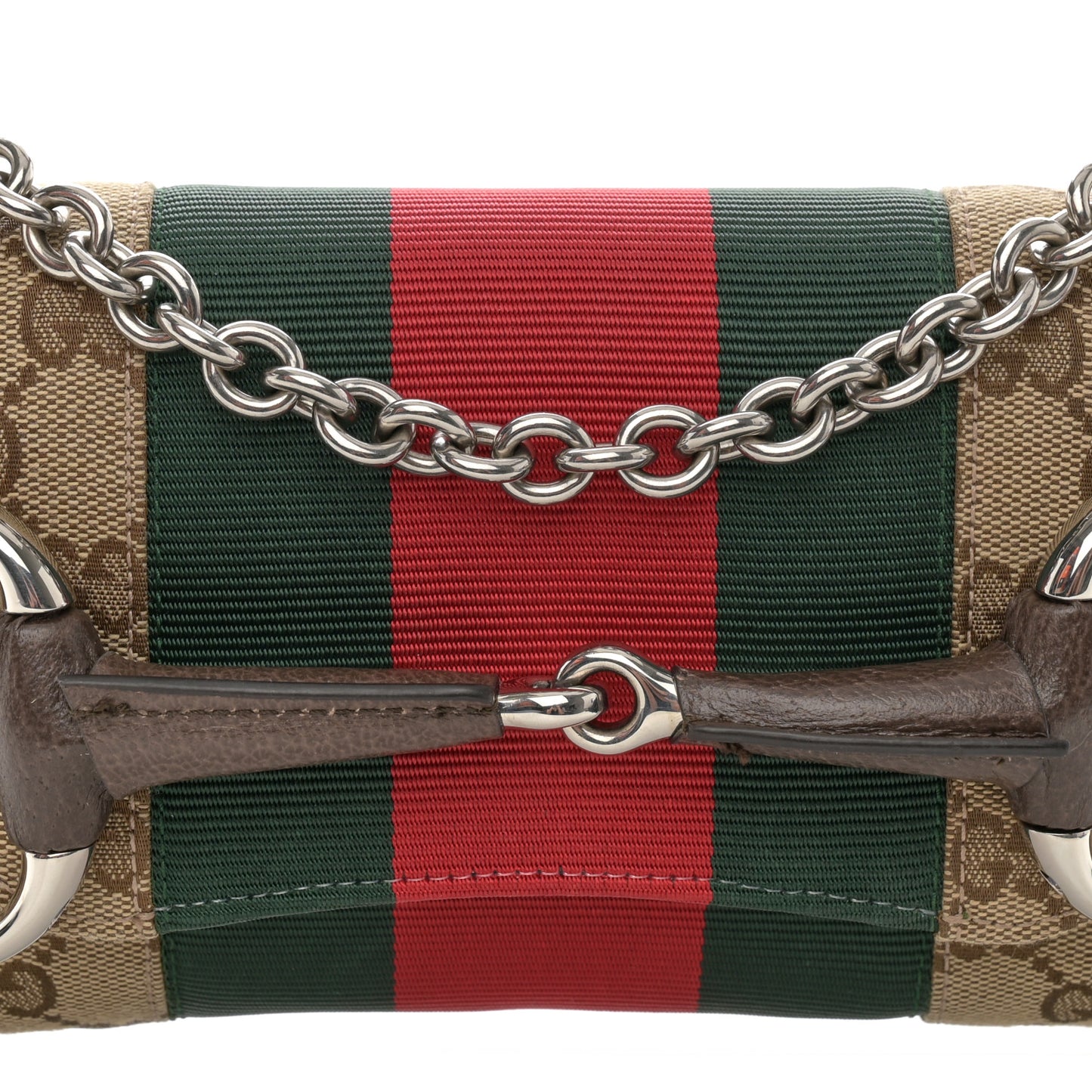 Monogram Textured Dollar Calfskin Heavy Grosgrain Web Small Maxi Horsebit Chain Shoulder Bag Beige Ebony New Acero