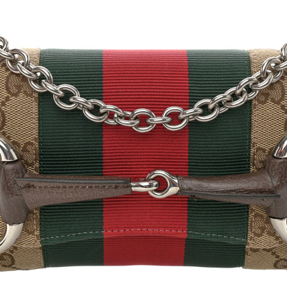 Gucci Monogram Textured Dollar Calfskin Heavy Grosgrain Web Small Maxi Horsebit Chain Shoulder Bag Beige Ebony New Acero 8 of 11