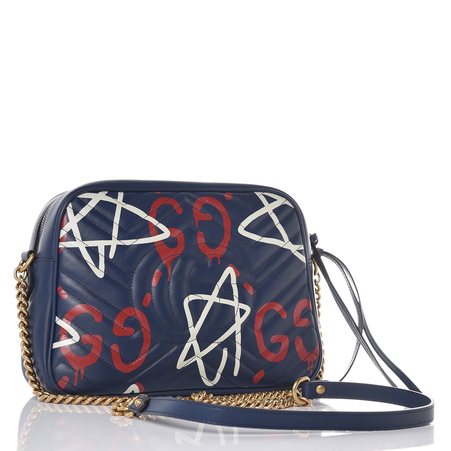 Gucci Calfskin Matelasse GucciGhost Medium GG Marmont Chain Shoulder Bag Blue Agata Hibiscus Red 3 of 8