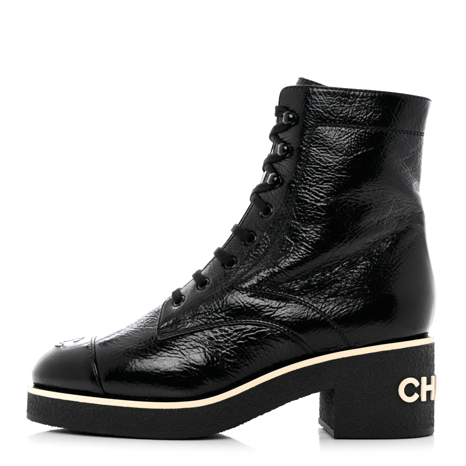 Chanel Shiny Crumpled Lambskin Lace Up Combat Boots 40.5 Black 1 of 9