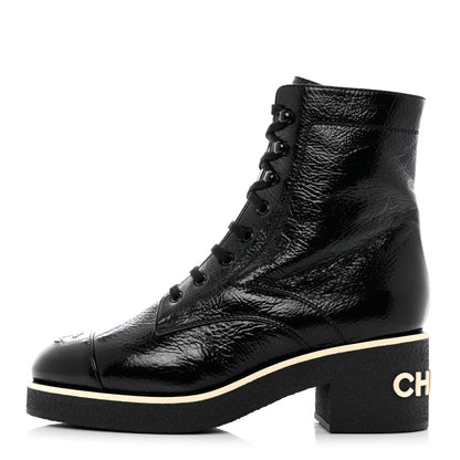 Chanel Shiny Crumpled Lambskin Lace Up Combat Boots 40.5 Black 1 of 9