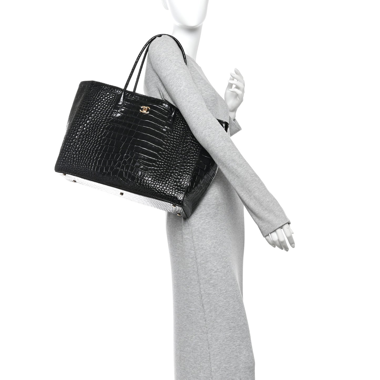Calfskin Crocodile Embossed Archetype Large Shopping Tote Black