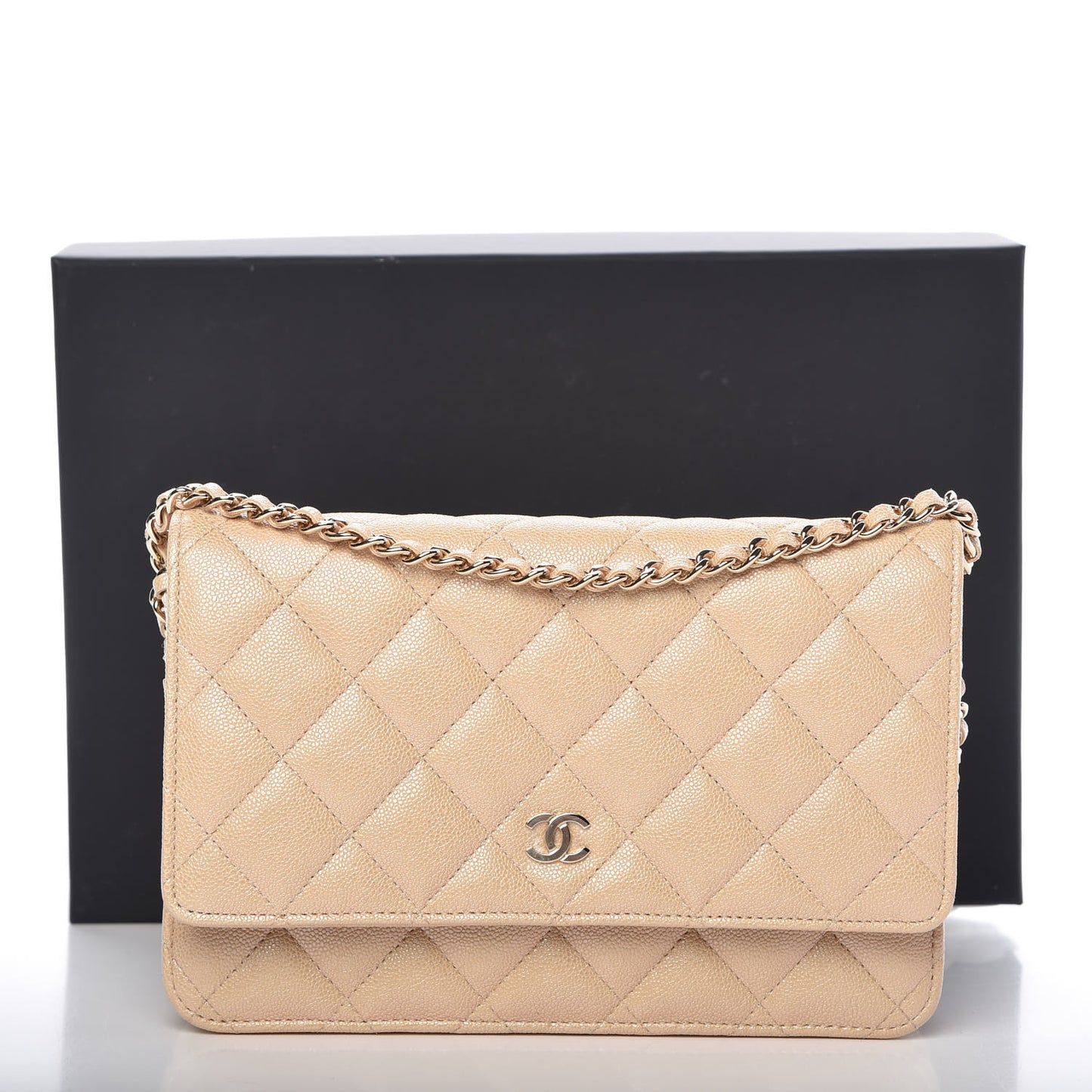 Iridescent Caviar Quilted Wallet On Chain WOC Beige